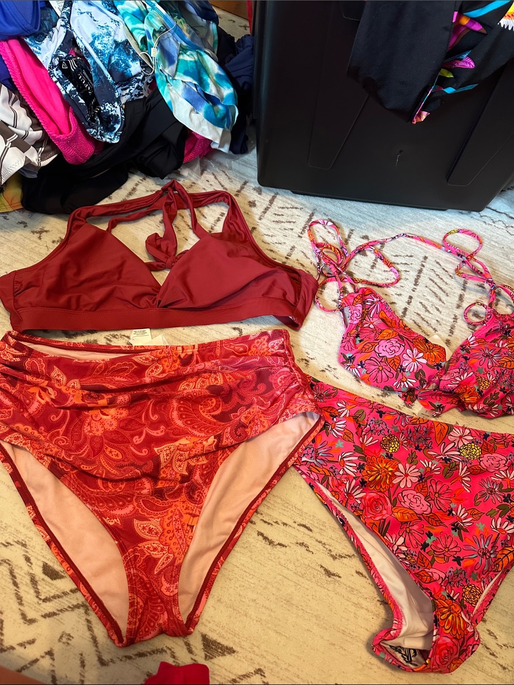 Red Paisley High-Waist Bikini Set and Pink Floral Bikini Top